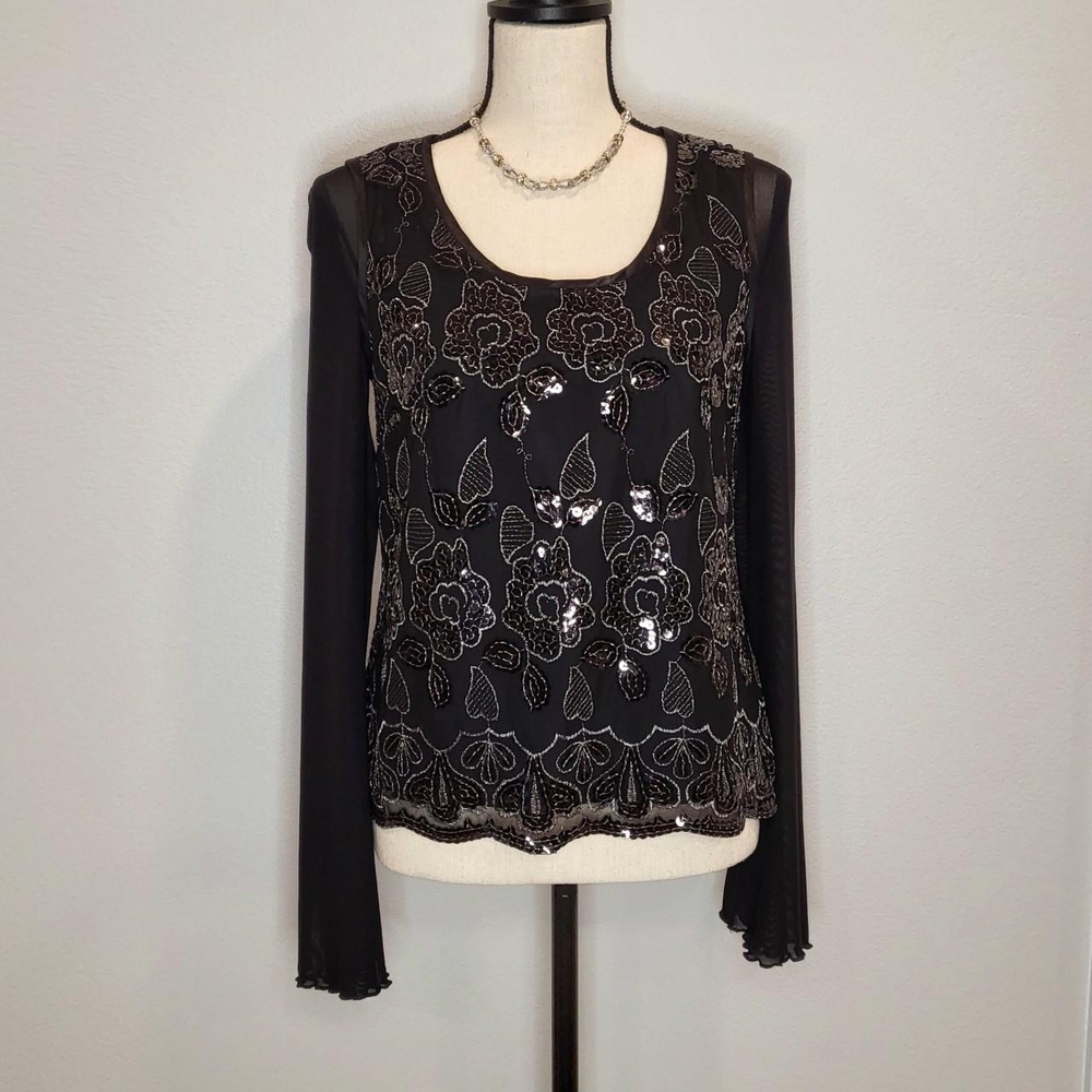 R&M Richards Petite Black Floral Sequin Top